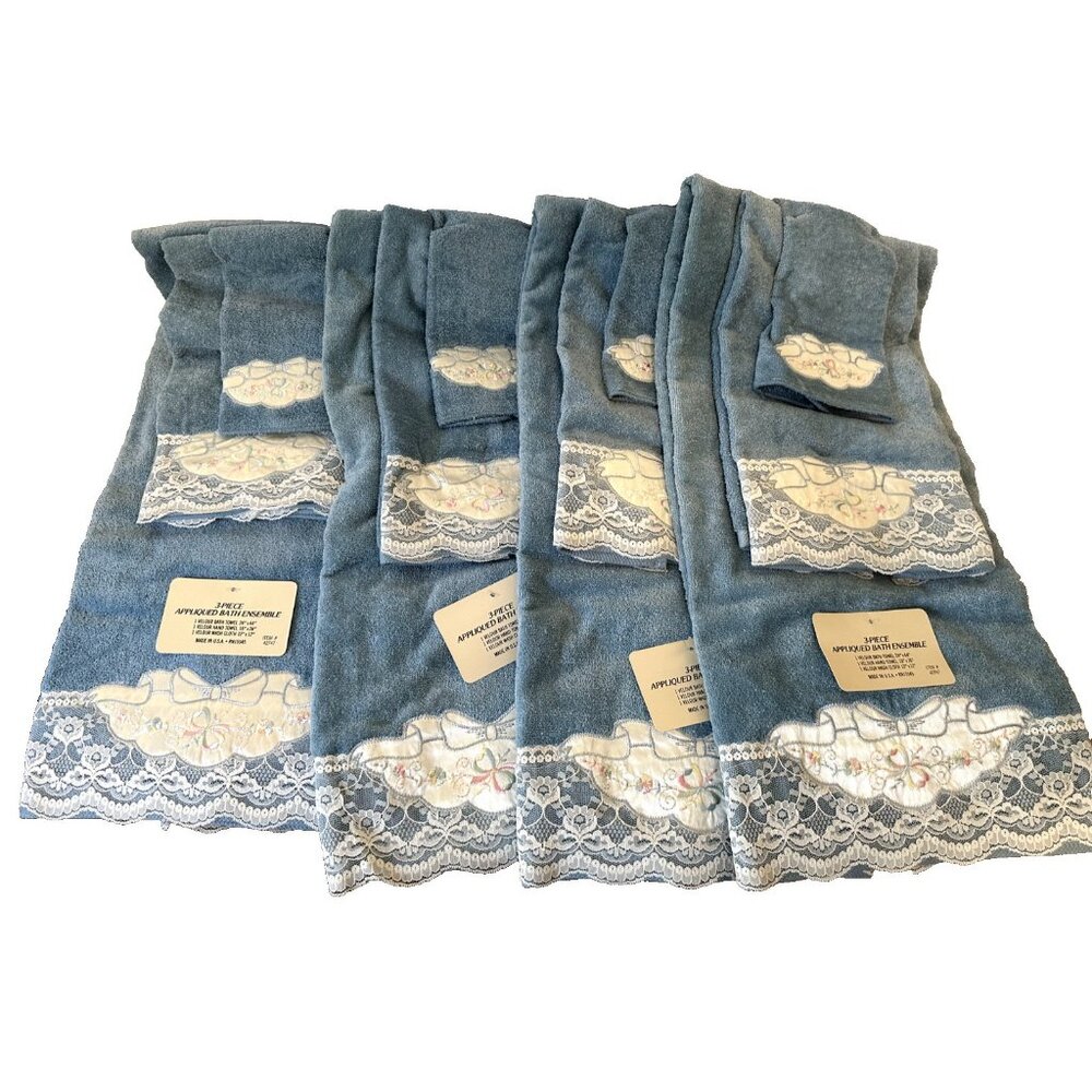 Vintage towels set 12 NOS NEW blue lace satin embroidery hearts bows velour USA